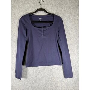 GAP Womens Small Navy Blue Square Neck Henley Long Sleeve Top Slim Fit Solid